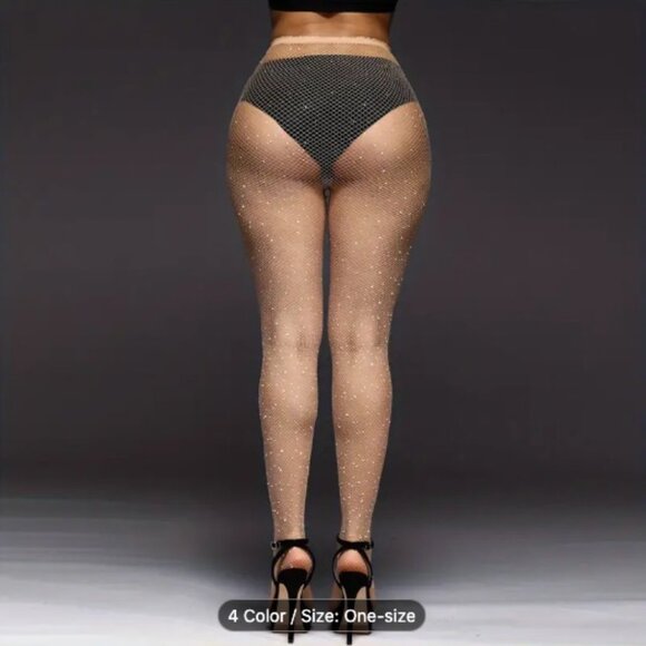 Women's One Size Light Beige Rhinestone Fishnet Stockings Pantyhose Hosiery - Picture 3 of 3